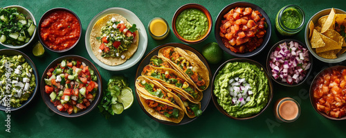 Top down view of a table full of Mexican tacos with lots of side dishes and sauces