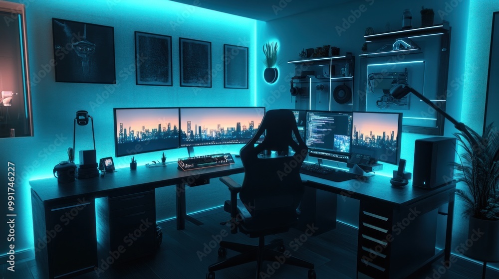 Modern Gaming Setup with Blue Neon Lights Modern Gaming Setup with Blue Neon Lights