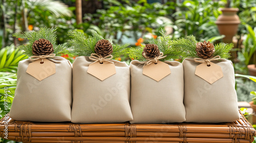 Decorative Gift Bags With Natural Elements Displayed in a Lush Garden Setting photo