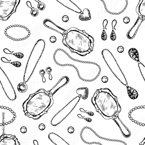 A set of jewelry items pendants, jewelry bracelet, chain, bead. A black and white vector graphic illustration made by hand. Isolate on a white background. Design elements flyers, labels, postcards.