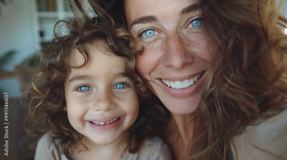 Close-up of a smiling mother and her young daughter enjoying a selfie together. The joyful mom captures a fun moment with her adorable child at home Close-up of a smiling mother and her young daughter enjoying a selfie together. The joyful mom captures a fun moment with her adorable child at home