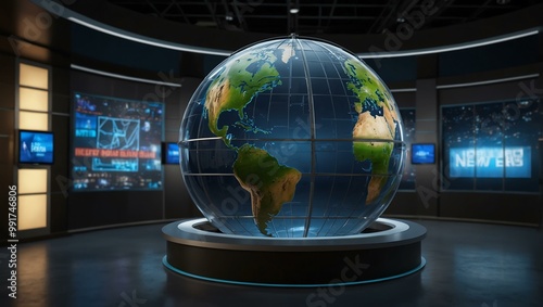 Modern news studio with a digital globe for broadcasting.