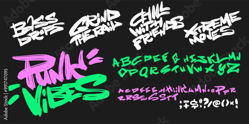 Youthful grungy brush font with skater quotes for t-shirt design, simple and cool typography design with modern style. Vector letters set
