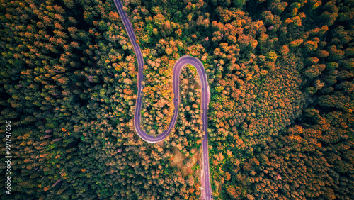 Aerial drone view of a winding mountain road in the Carpathians, cutting through dense forests and rugged terrain.