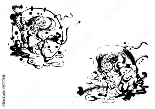 風神雷神の墨絵
