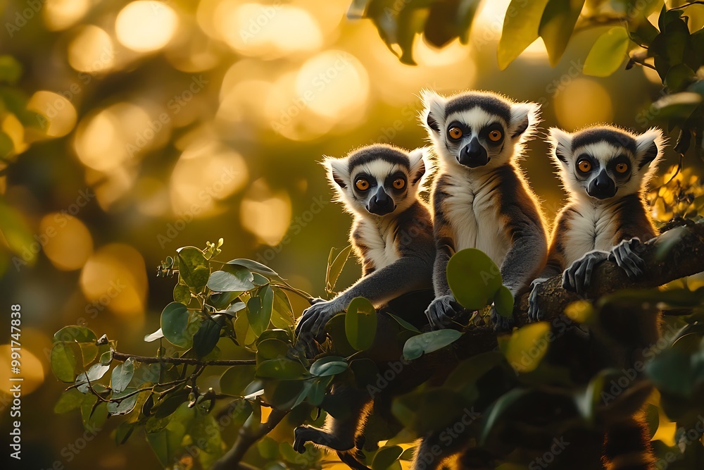 Three ring tailed lemurs sitting on a branch at sunset Three ring tailed lemurs sitting on a branch at sunset
