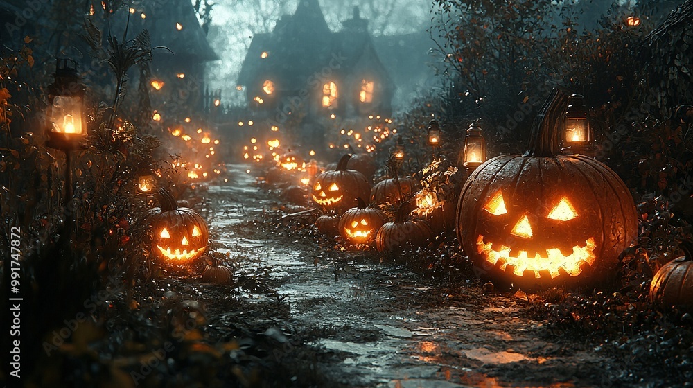 Group of pumpkins on path leading to haunted house in forest night Group of pumpkins on path leading to haunted house in forest night