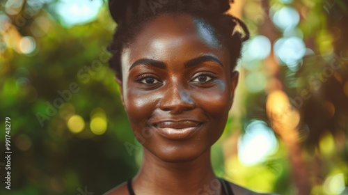 Portrait of a fit woman in nature preparing for a workout. A healthy girl with a calm and happy smile enjoying summer outdoors with a sense of freedom