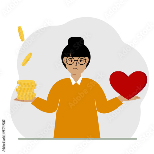 Money and a red heart in the hands of a woman. Imbalance in lifestyle and work. Comparison of business stress and a healthy lifestyle. Balance of work and life.