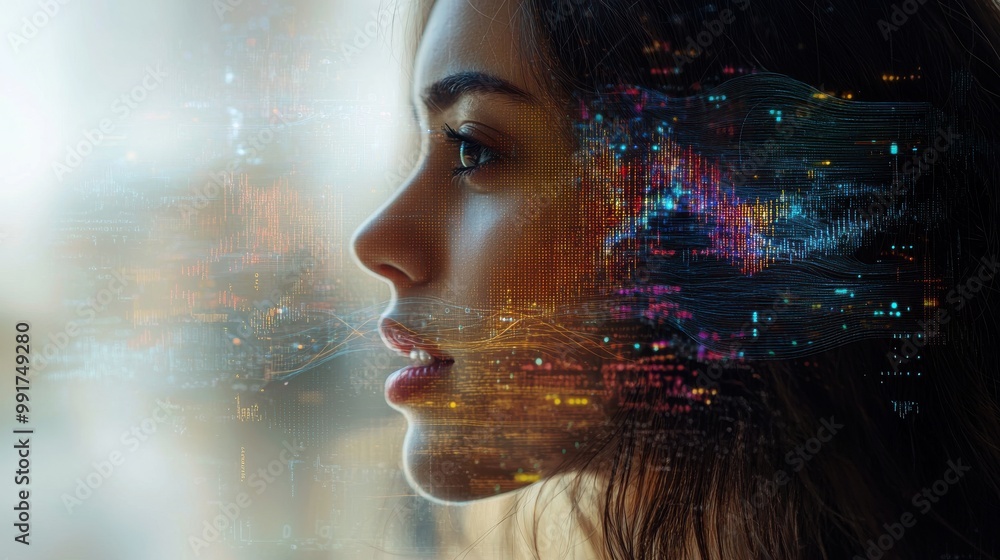 Close-up profile portrait of a person with digital technology overlay, depicting artificial intelligence and futuristic concepts Close-up profile portrait of a person with digital technology overlay, depicting artificial intelligence and futuristic concepts