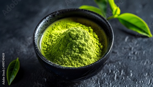 Lush matcha powder in a sleek black bowl accompanied by fresh tea leaves against a dark backdrop