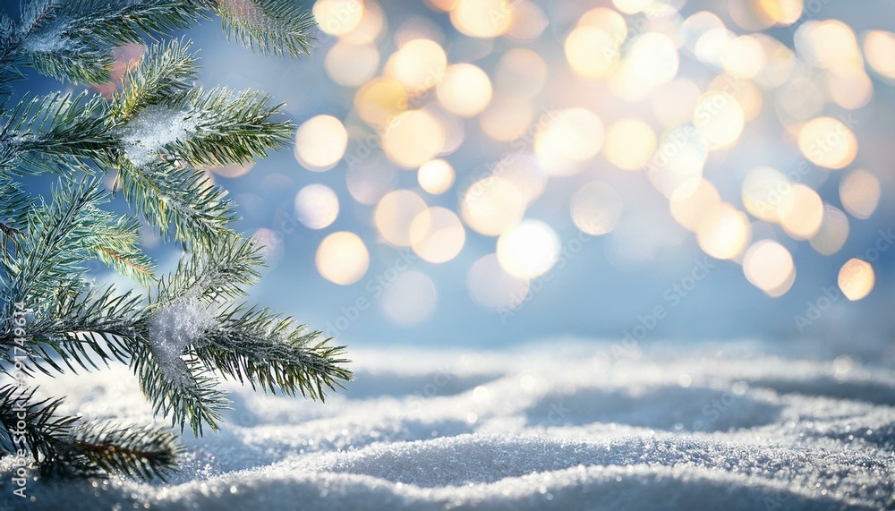 Schnee weihnachts hintergrund mit kleinen glitzer bokeh und tannenzweigen an der seite Schnee weihnachts hintergrund mit kleinen glitzer bokeh und tannenzweigen an der seite