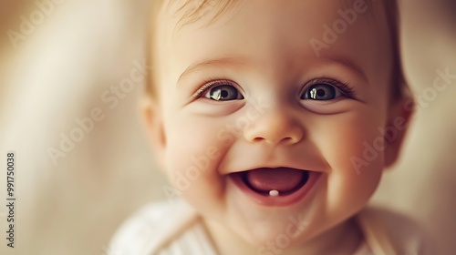 Close-up portrait of a happy baby girl with a tooth coming in.