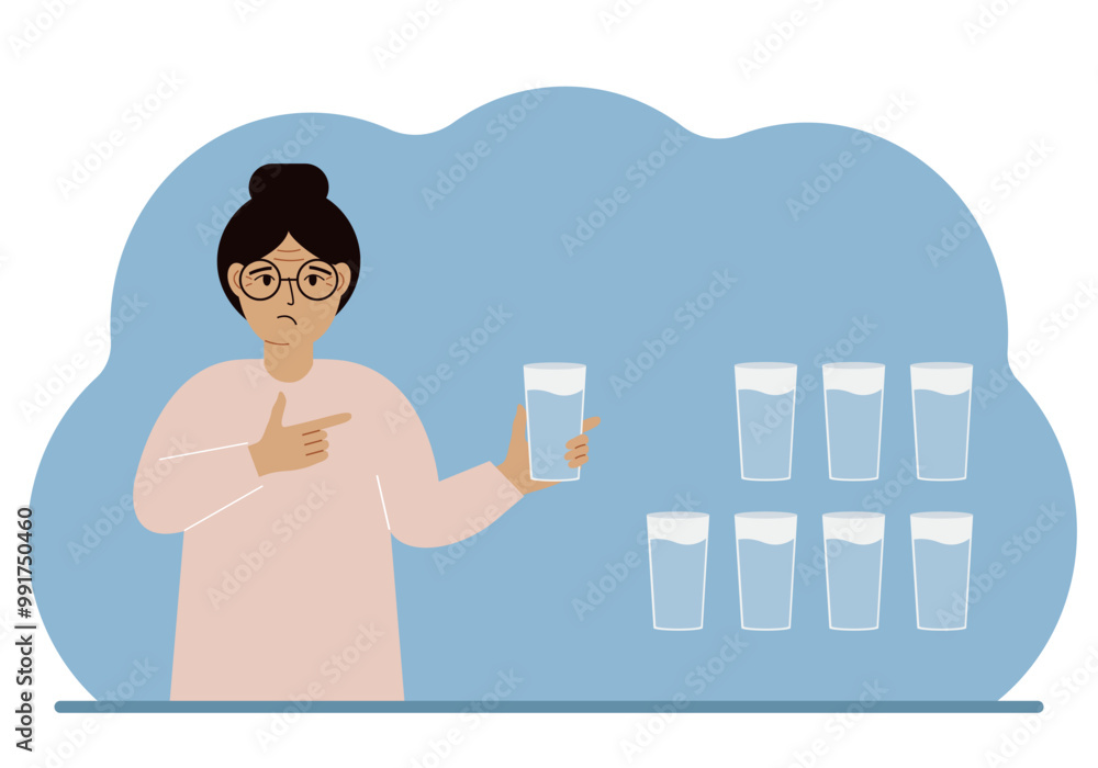 The woman is holding a glass of water. Water balance infographic. 8 glasses of water every day. Healthy lifestyle. The woman is holding a glass of water. Water balance infographic. 8 glasses of water every day. Healthy lifestyle.