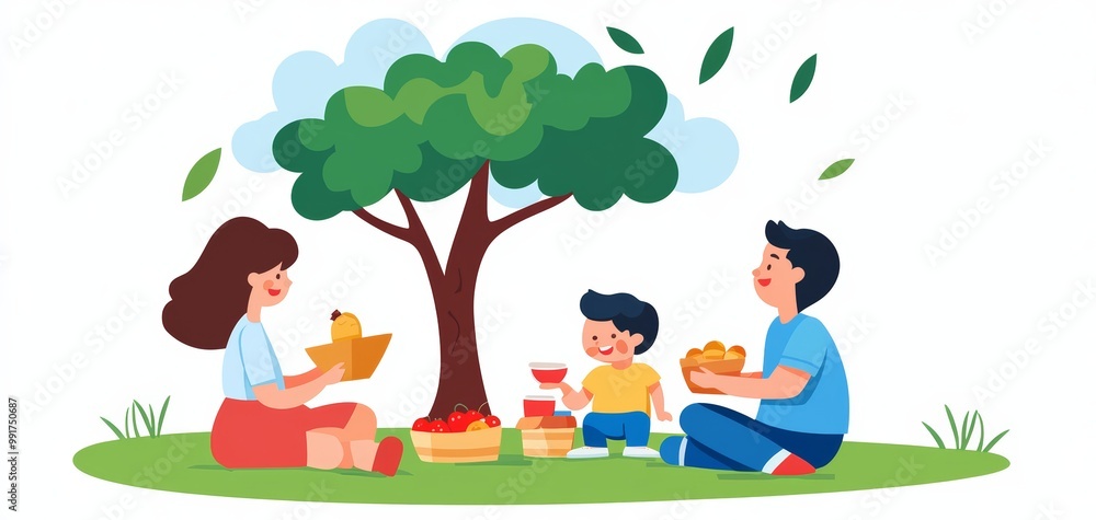 Naklejka premium A family enjoying a picnic under a tree with a beautiful view, symbolizing relaxation and happiness, Sunday family picnic, quality time