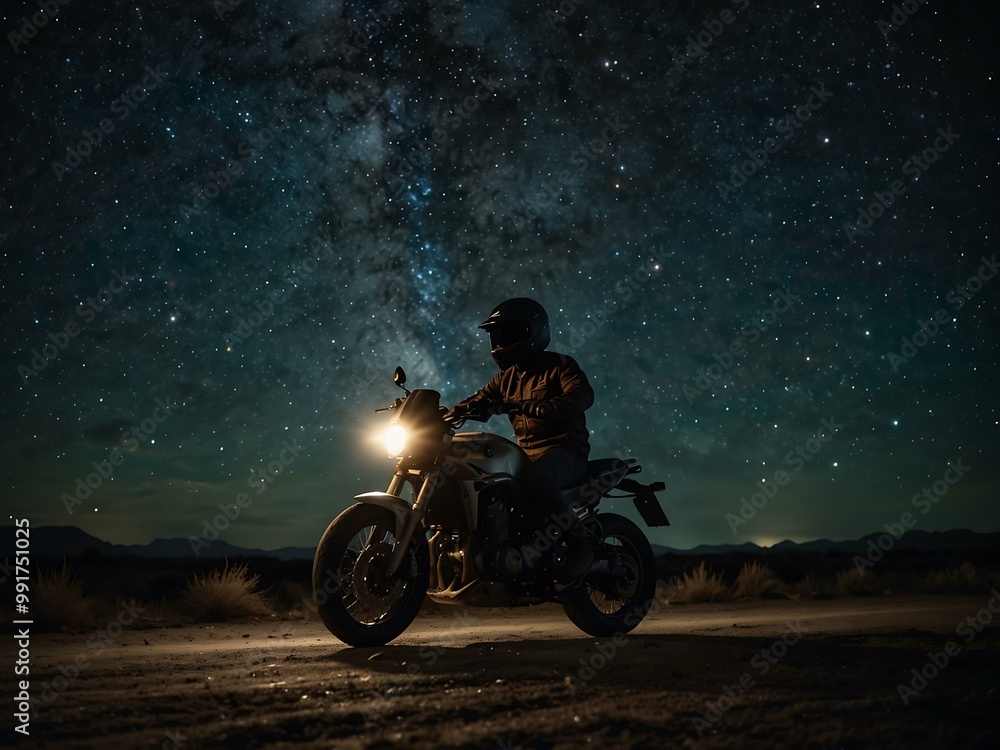 Motorcyclist riding under a starry sky, symbolizing freedom. Motorcyclist riding under a starry sky, symbolizing freedom.