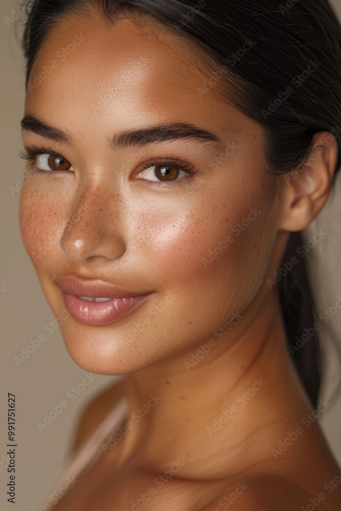 Portrait of a joyful young woman with mixed heritage smiling and posing against a neutral studio backdrop, exuding confidence Portrait of a joyful young woman with mixed heritage smiling and posing against a neutral studio backdrop, exuding confidence