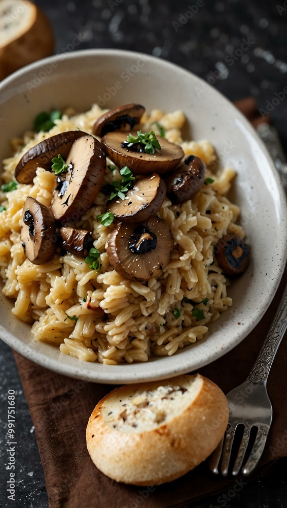 Mushroom risotto garnished with Parmesan cheese. Mushroom risotto garnished with Parmesan cheese.
