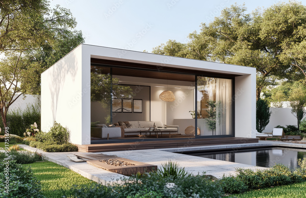 a modern, minimalistic small garden house with sliding doors made of black aluminum frames. The windows have thin frames, and the glass is clear. a modern, minimalistic small garden house with sliding doors made of black aluminum frames. The windows have thin frames, and the glass is clear.