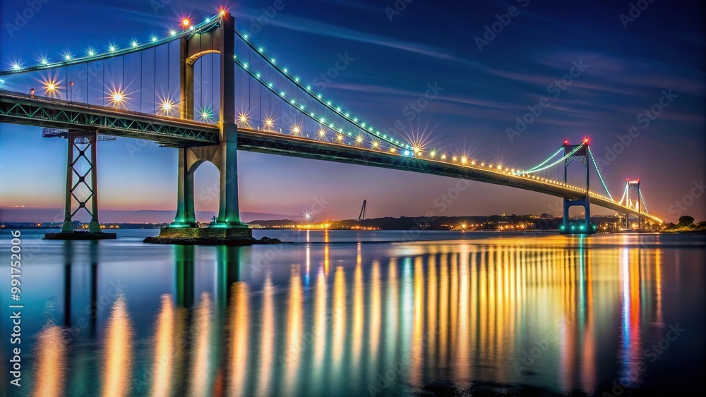 The Claiborne Pell Bridge illuminated at night captured from a worm s eye view perspective in Newport Rhode Island, evening, transportation, Newport, tourism, scenic, landmark The Claiborne Pell Bridge illuminated at night captured from a worm s eye view perspective in Newport Rhode Island, evening, transportation, Newport, tourism, scenic, landmark