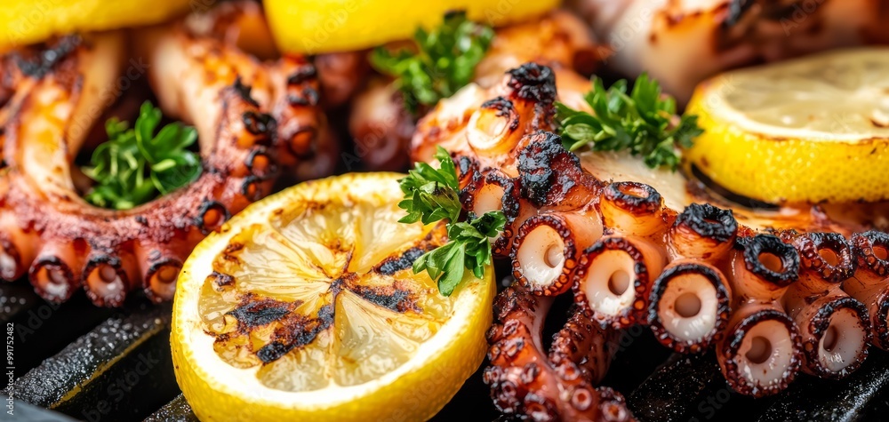 Close-up of grilled octopus tentacles garnished with lemon and herbs, grilled octopus, seafood appetizer Close-up of grilled octopus tentacles garnished with lemon and herbs, grilled octopus, seafood appetizer