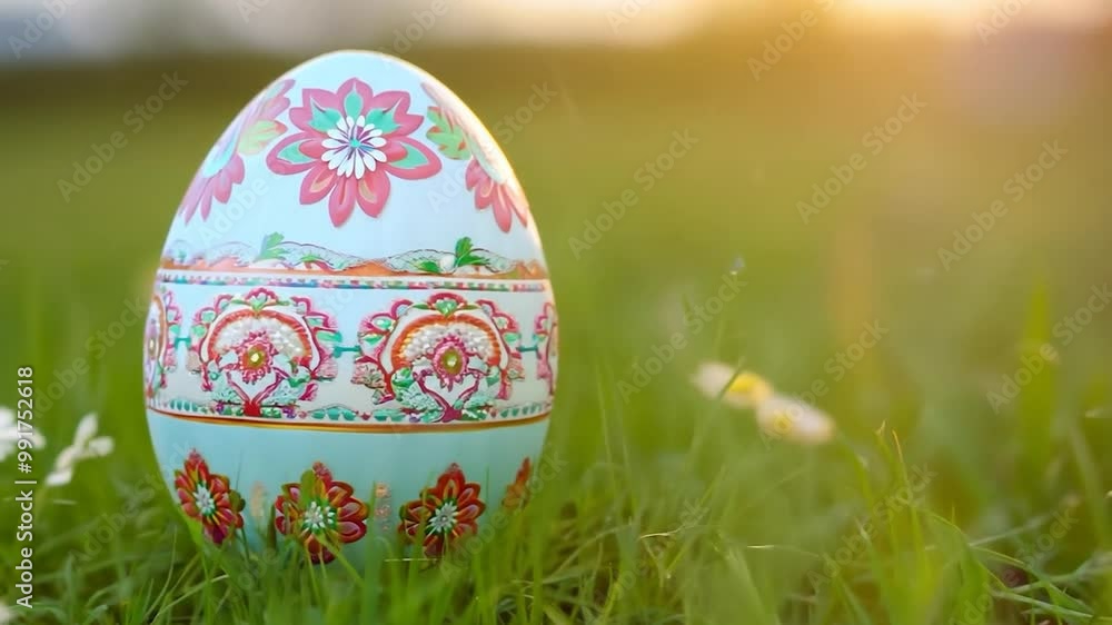 Beautifully decorated easter egg stands upright in the grass on a sunny spring day, with daisies blooming in the background Beautifully decorated easter egg stands upright in the grass on a sunny spring day, with daisies blooming in the background