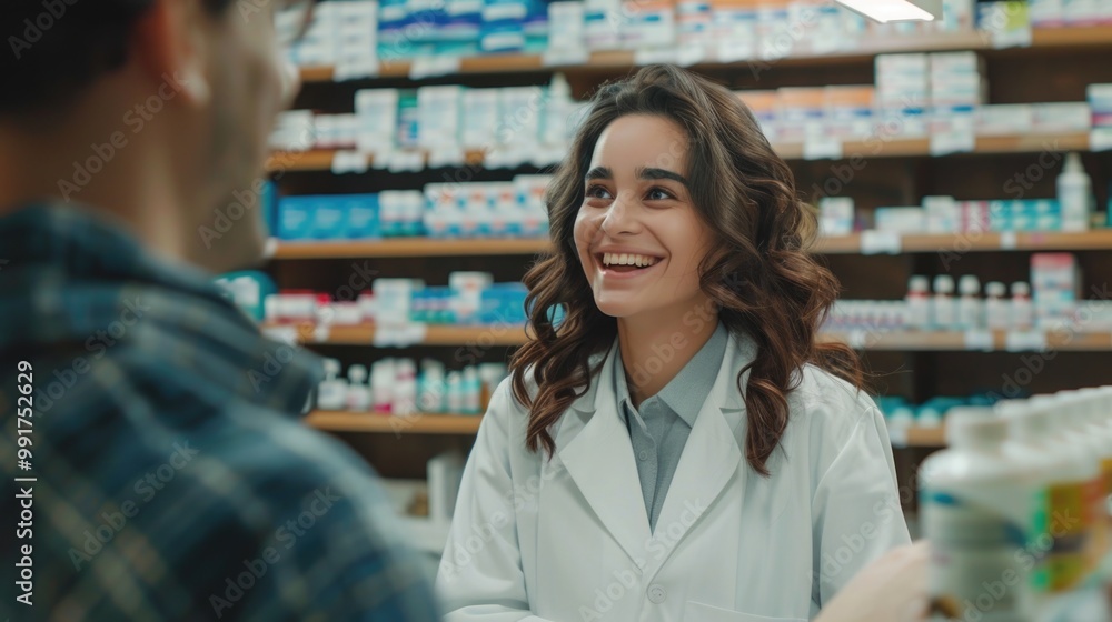 A woman and man discussing something in a pharmacy shop A woman and man discussing something in a pharmacy shop