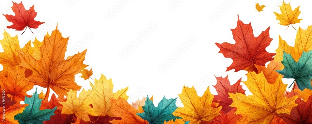 Colorful autumn leaves scattered around a blank banner, showcasing vibrant shades of orange, red, and blue against a clean white background Colorful autumn leaves scattered around a blank banner, showcasing vibrant shades of orange, red, and blue against a clean white background