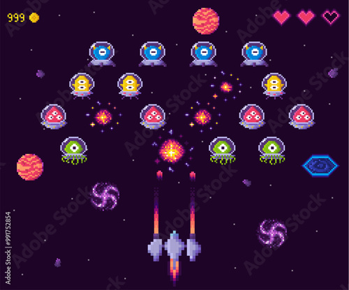 Arcade game scene with a spaceship shooting aliens and UFOs in a pixelated style. Hearts, score, and neon elements present. Explosions and colorful planets in the background. Ideal for gaming, retro