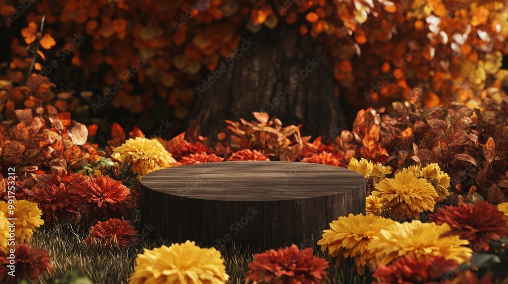 A peaceful garden spot features a wooden stump surrounded by an array of bright yellow, orange, and red flowers A peaceful garden spot features a wooden stump surrounded by an array of bright yellow, orange, and red flowers