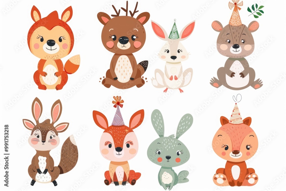 A group of adorable animals dressed in party hats, perfect for use as decorations or illustrations in children's content A group of adorable animals dressed in party hats, perfect for use as decorations or illustrations in children's content