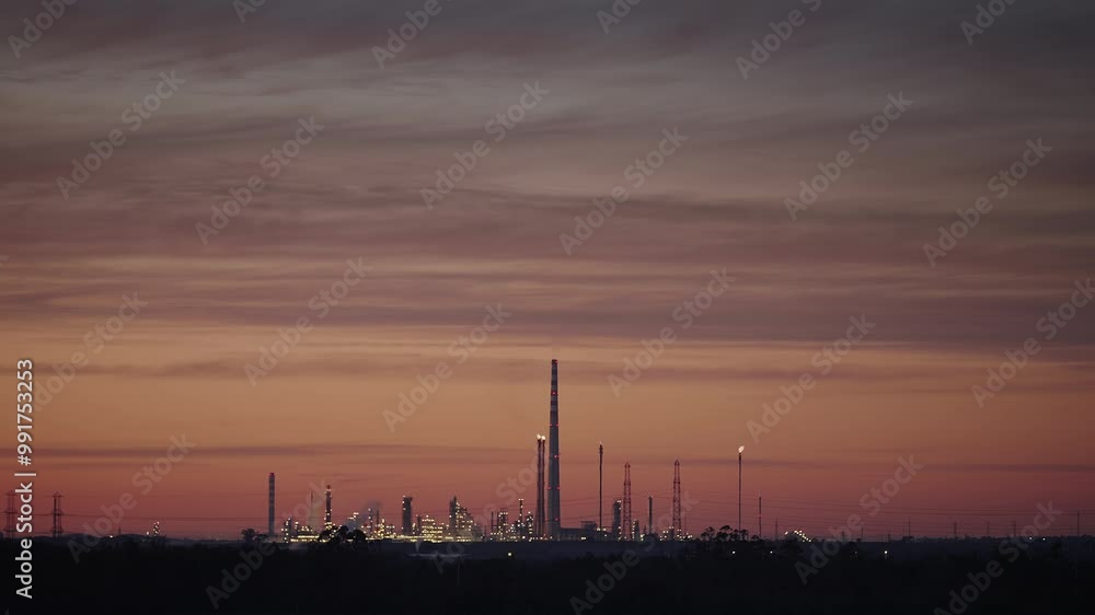 Large industrial refinery shot at golden sunset. Modern steelworks and power plants with orange sky in the background. Oil or petroleum refinery with tall chimneys and towers. Chemical engineering. Large industrial refinery shot at golden sunset. Modern steelworks and power plants with orange sky in the background. Oil or petroleum refinery with tall chimneys and towers. Chemical engineering.
