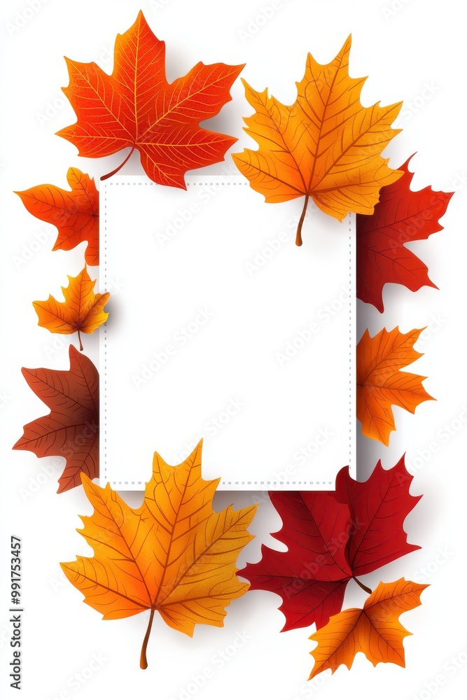Fototapeta premium Colorful fall leaves banner with vibrant orange and red maple leaves surrounding a blank white space for text or artwork