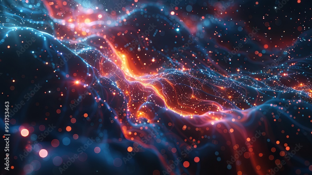 Obraz premium Abstract visual of vibrant energy burst featuring orange and blue lightning bolts against a cosmic backdrop, evoking power and dynamic movement. 
