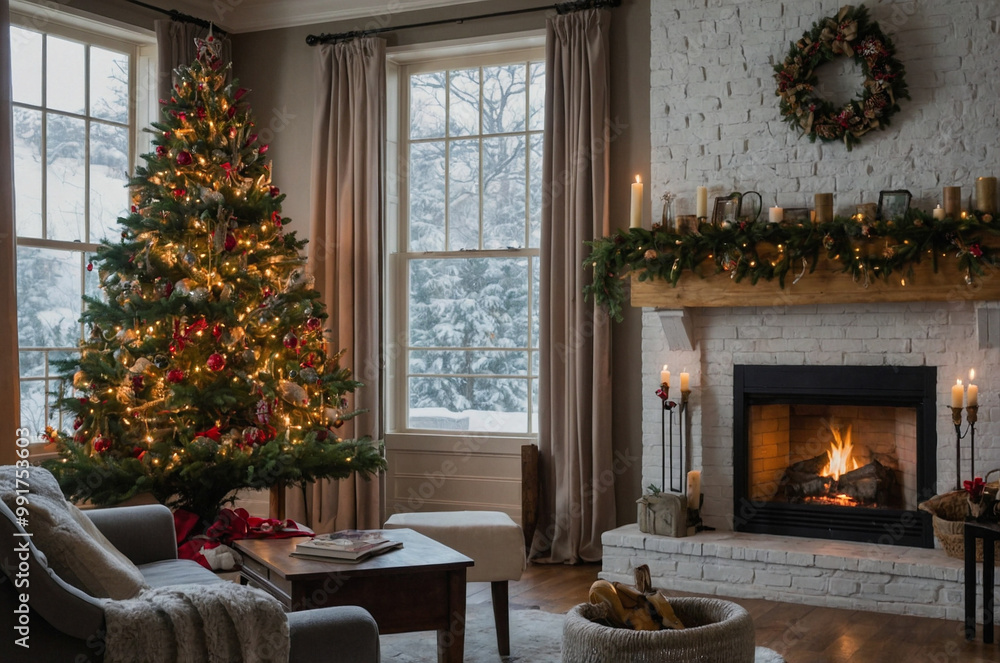 Christmas interior Christmas tree, fireplace and wrapped gifts.