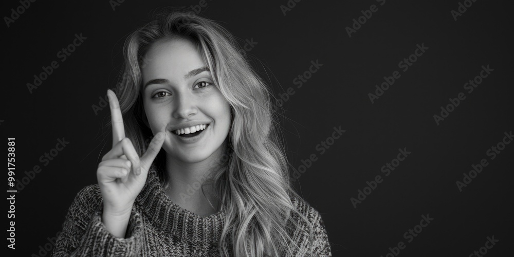 Obraz premium A black and white photograph of a woman forming a peace sign with her hand