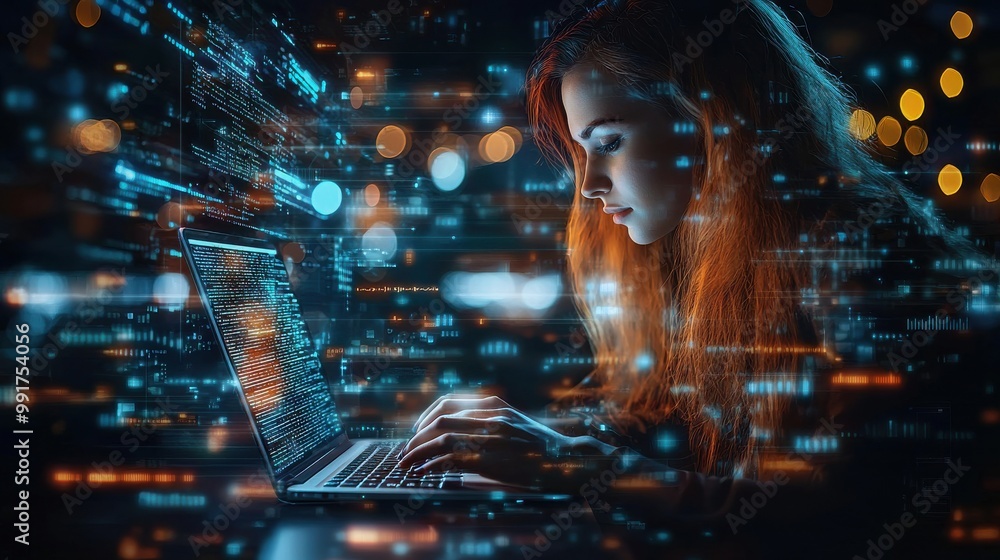 Close-up portrait of a woman typing on a laptop surrounded by digital code, symbolizing technology and innovation in a modern, futuristic environment Close-up portrait of a woman typing on a laptop surrounded by digital code, symbolizing technology and innovation in a modern, futuristic environment