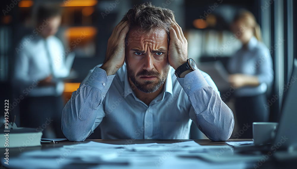 A Businessman is Sitting at His Desk Holding His Head in Stress, Depicting Workplace Anxiety and Mental Strain
A Businessman is Sitting at His Desk Holding His Head in Stress, Depicting Workplace Anxiety and Mental Strain