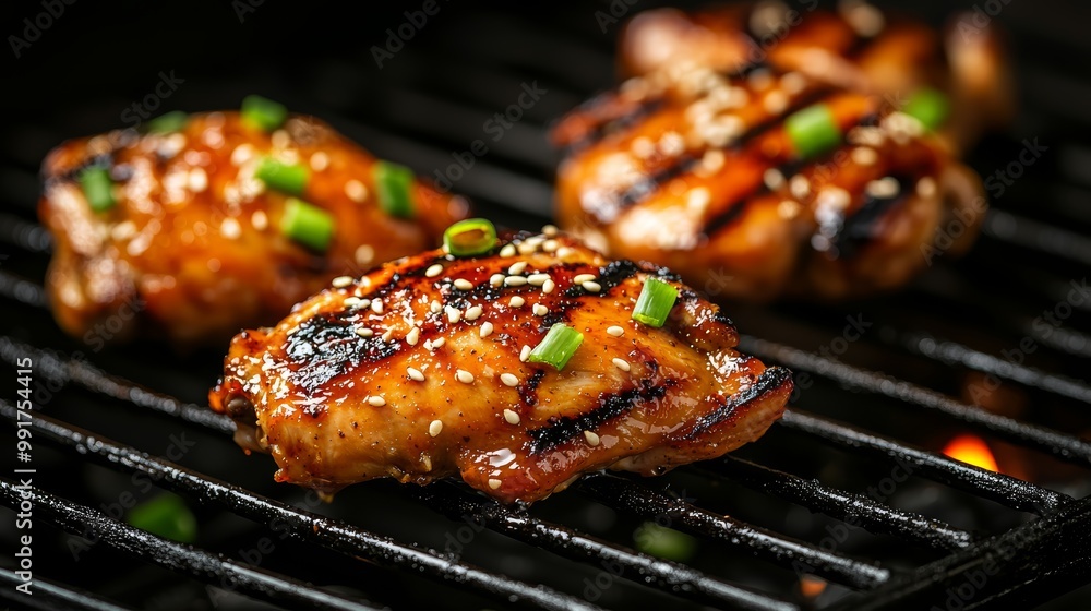 Grilled chicken thighs marinated in teriyaki sauce, served with sesame seeds and scallions, grilled chicken teriyaki, Asian barbecue Grilled chicken thighs marinated in teriyaki sauce, served with sesame seeds and scallions, grilled chicken teriyaki, Asian barbecue