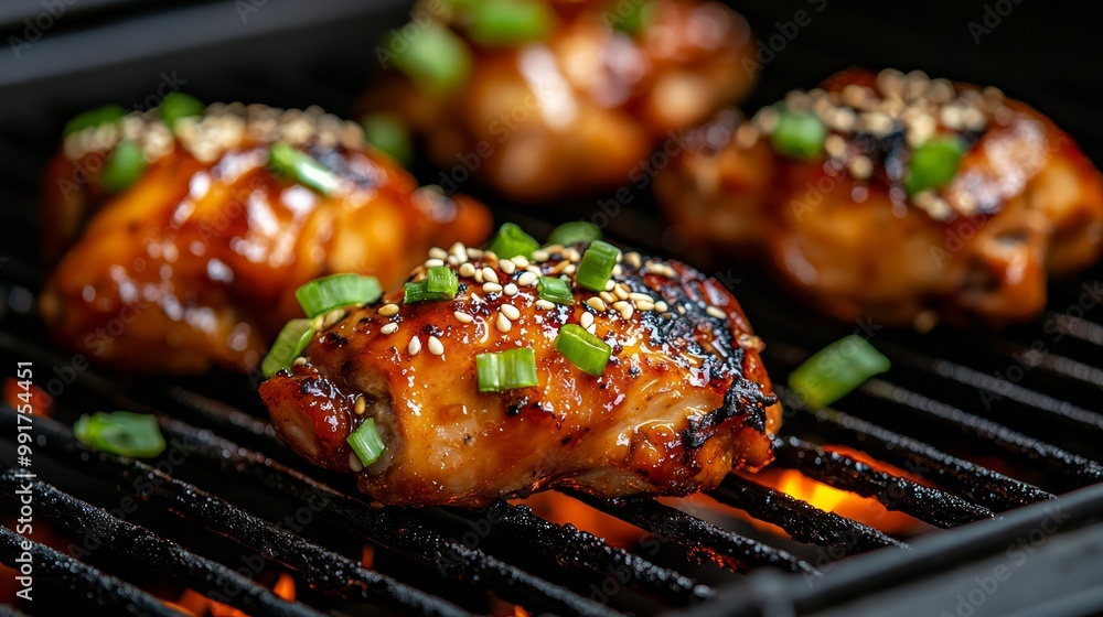 Grilled chicken thighs marinated in teriyaki sauce, served with sesame seeds and scallions, grilled chicken teriyaki, Asian barbecue
