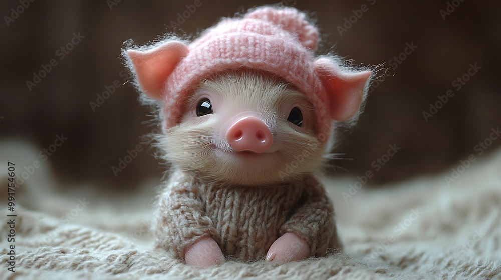 Adorable piglet wearing a knitted hat and sweater. Adorable piglet wearing a knitted hat and sweater.
