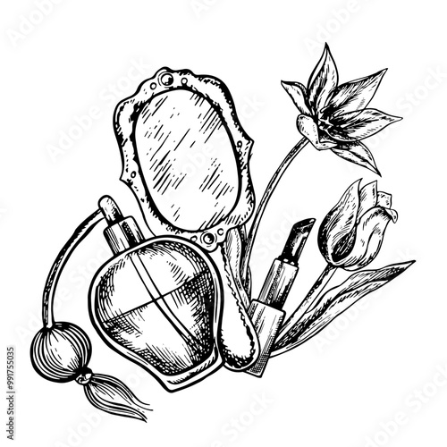 Beauty and fashion, perfumes and cosmetics, lipstick, mirror, tulip flowers. Black and white vector graphics made by hand. Illustrations on a white background. For packages and labels, flyers, posters