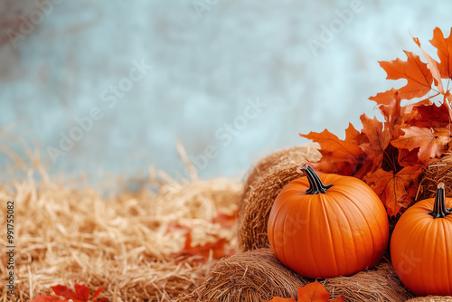 A vibrant autumn harvest festival scene featuring pumpkins, hay bales, and fall leaves, with copy space for event branding or text. 