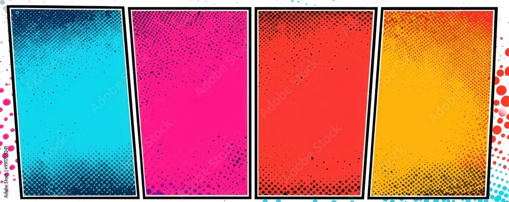 Fototapeta premium Colorful comic book page with five panels in vibrant pop art style background