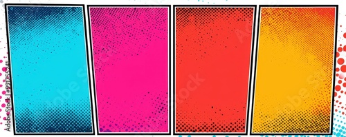 Colorful comic book page with five panels in vibrant pop art style background