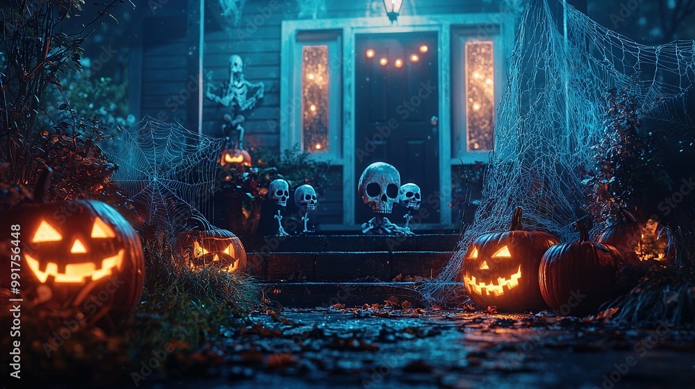 A Jack-o'-Lantern group of pumpkins in front of a house with a skeleton on the porch A Jack-o'-Lantern group of pumpkins in front of a house with a skeleton on the porch
