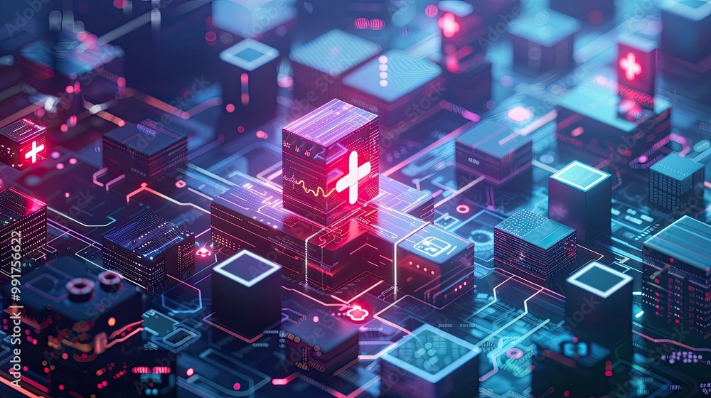 A futuristic digital representation of a healthcare system, with glowing cubes, data nodes, and medical symbols, illustrating advanced technology and healthcare integration.
A futuristic digital representation of a healthcare system, with glowing cubes, data nodes, and medical symbols, illustrating advanced technology and healthcare integration.