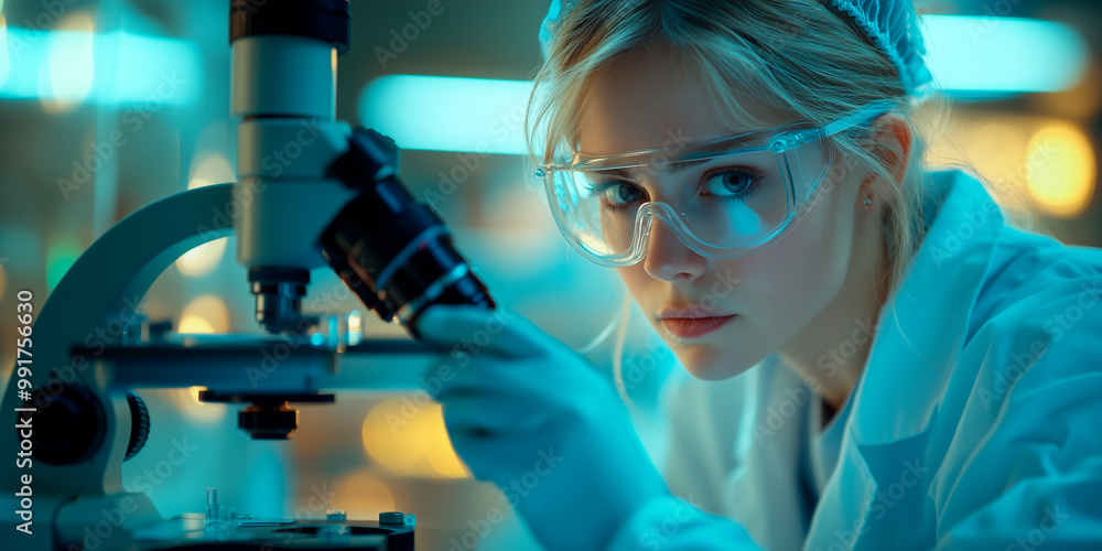 A young blonde woman wearing a lab coat and goggles is looking through a microscope A young blonde woman wearing a lab coat and goggles is looking through a microscope