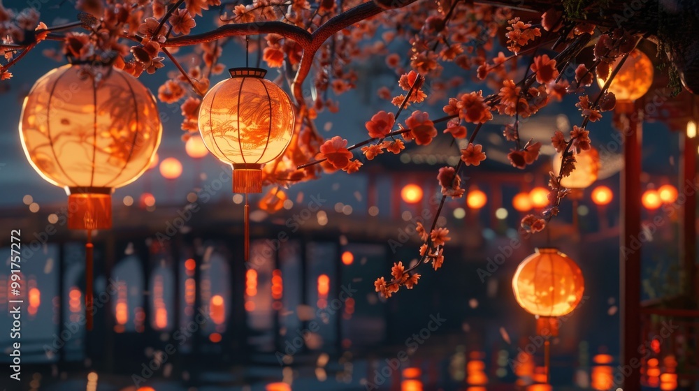 Fototapeta premium Outdoor lighting with lanterns suspended from a tree branch, suitable for evening or night scenes