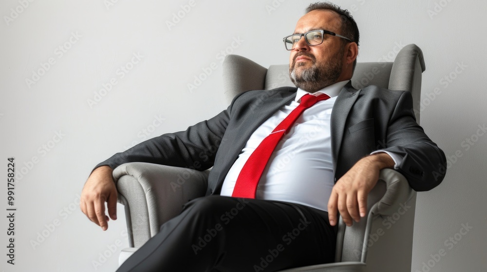 A professional man wearing a suit and tie sits comfortably in a chair, ideal for corporate or office-related uses A professional man wearing a suit and tie sits comfortably in a chair, ideal for corporate or office-related uses